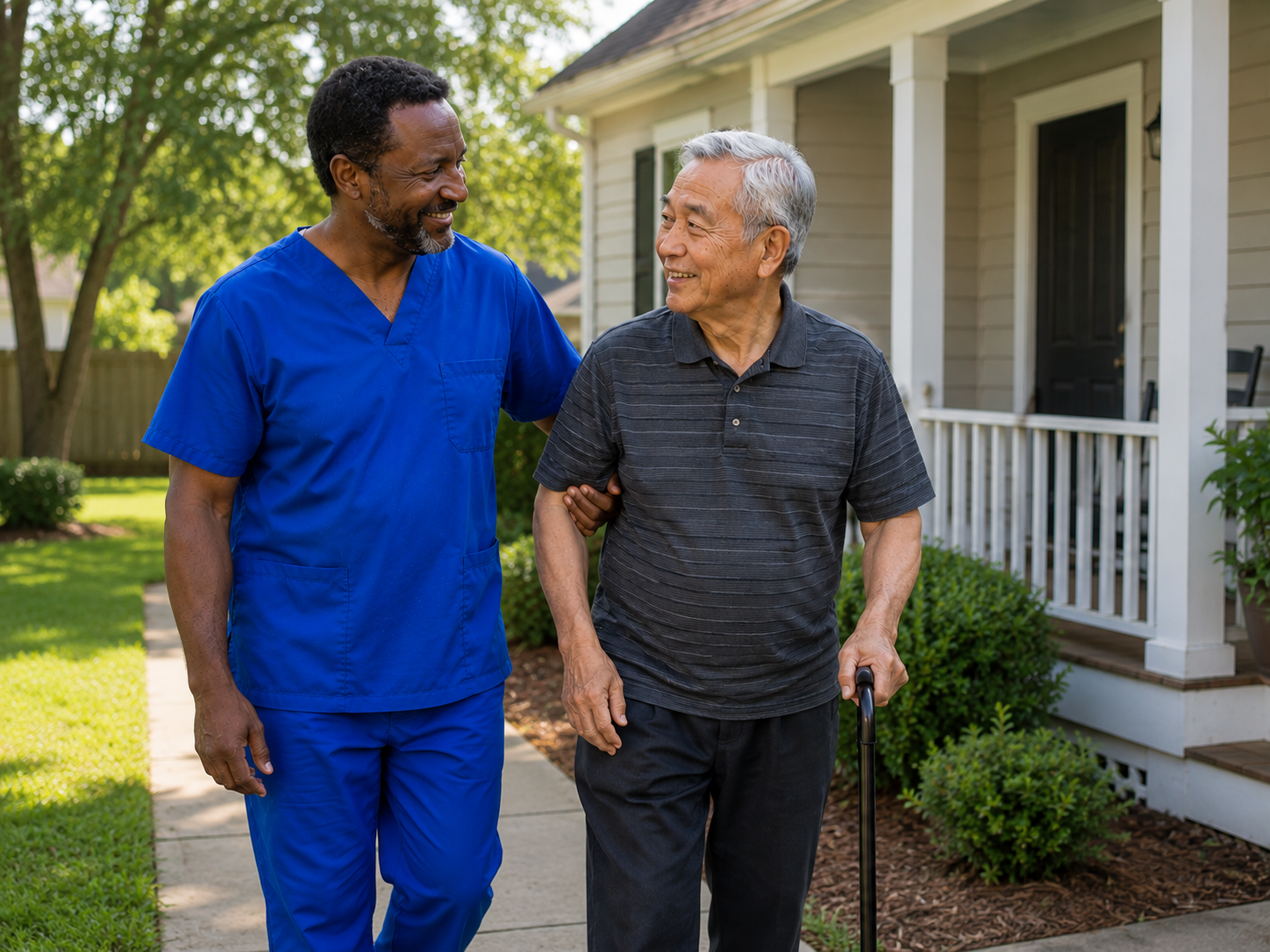 Caregiver walking outside with a client using a cane